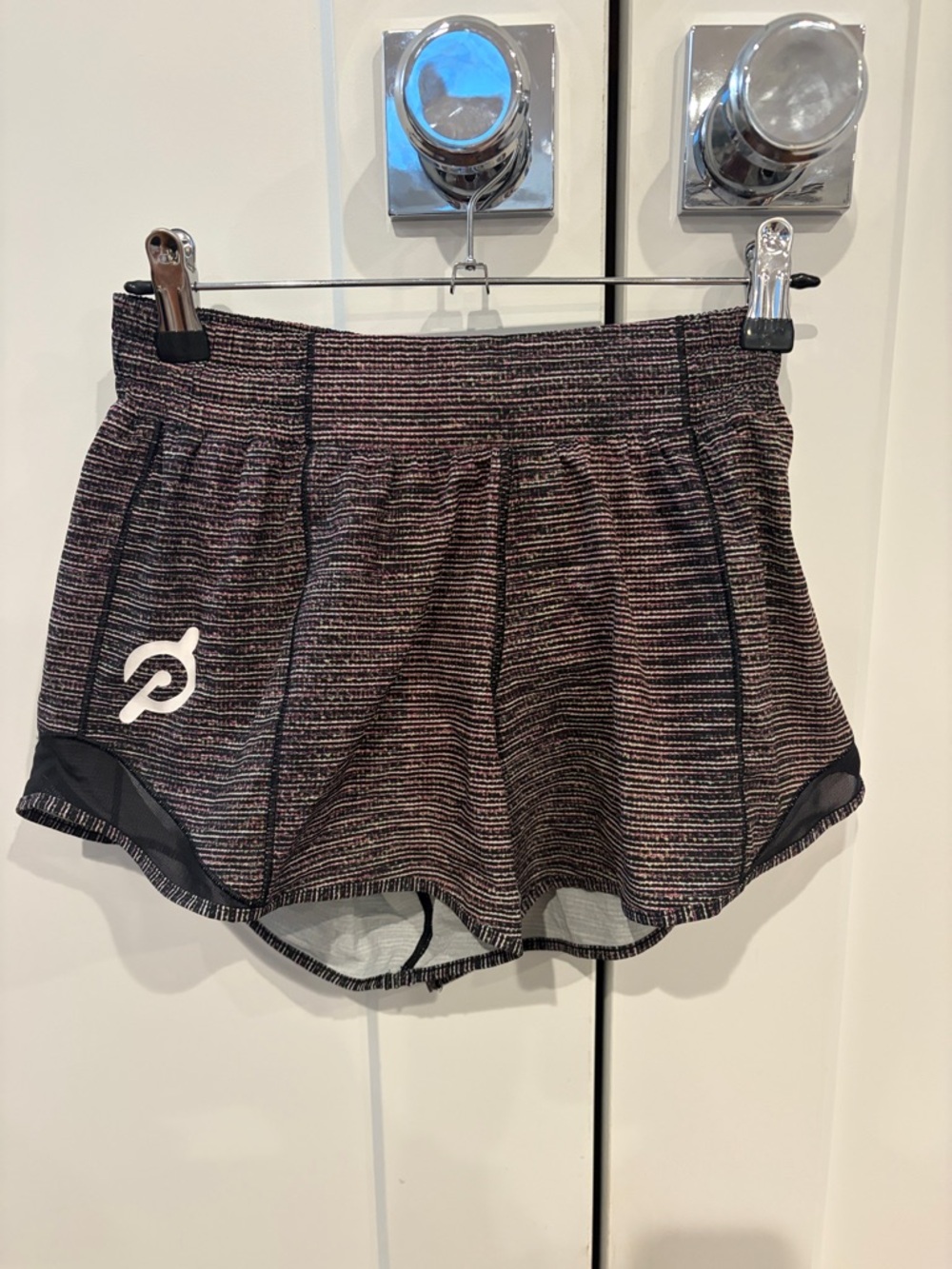 Peloton Women’s Black Heathered Athletic Shorts with Subtle Pink Striations